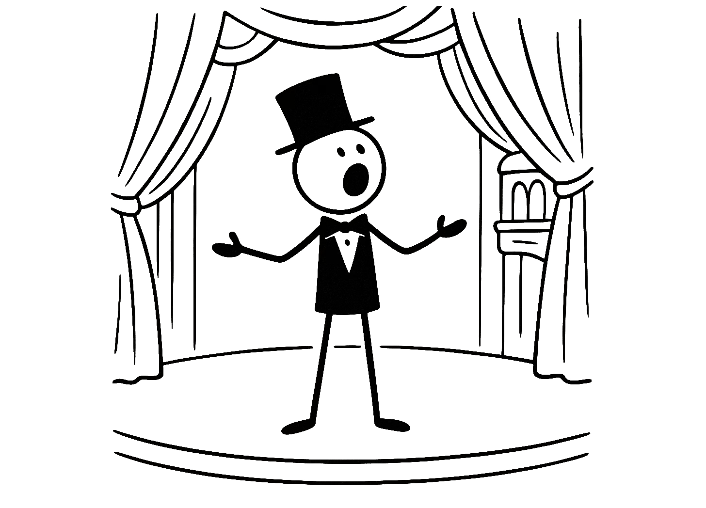 Stick-figure drawing of a man in a top hat performing between stage curtains.