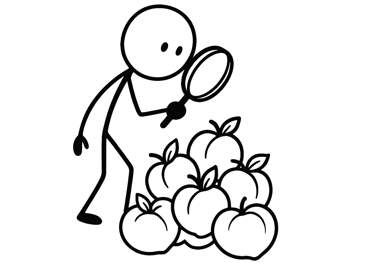 Stick-figure drawing of a person inspecting a pile of apples with a magnifying glass.