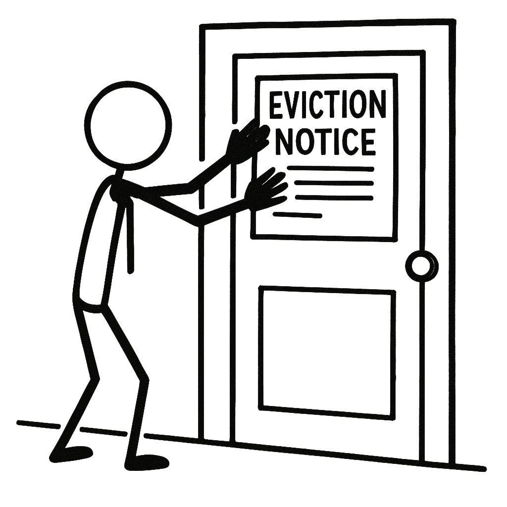 Stick-figure drawing of a man taping an eviction notice to a door.